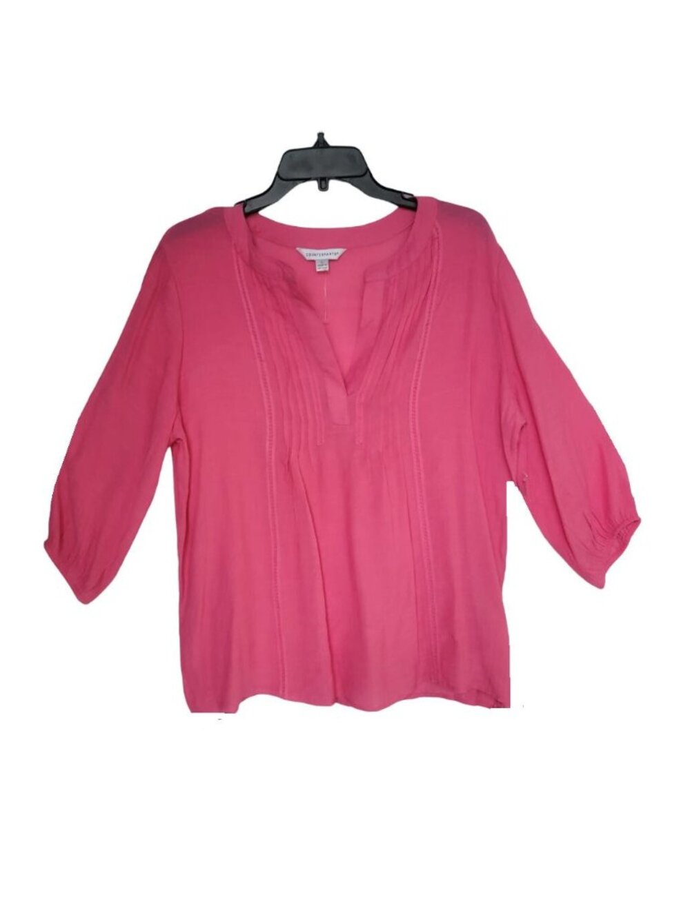 Counterparts Womens Blouse L Pink Boho Peasant Top Pintuck Split Neck 3/4 Sleeve